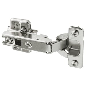 A nickel-plated steel hinge, designed for cabinet doors. It a sturdy, metallic appearance with multiple screws for secure attachment.