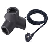 Black HORNFELS extension cord, 3-prong plug, coiled design, recycled polycarbonate housing.