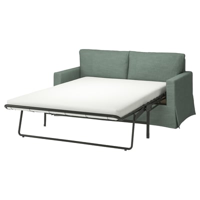 Teal sofa-bed convertible; modern, sleek, metal frame & comfy cushions.
