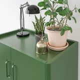 Green cabinet with lamp, two plants, and golden bell on top.