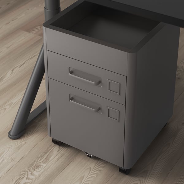 Modern gray office drawer unit on wheels for easy mobility. Soft-close drawers for silent use.