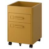 Golden rolling file cabinet with 2 drawers and rectangular handles.