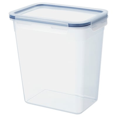 An IKEA 365+ clear plastic food container with a blue lid designed to store and transport food, keeping it fresh and organized in cabinets or drawers.