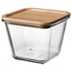 IKEA 365+ square glass container with wooden lid. Clear, modern design, ideal for food storage.