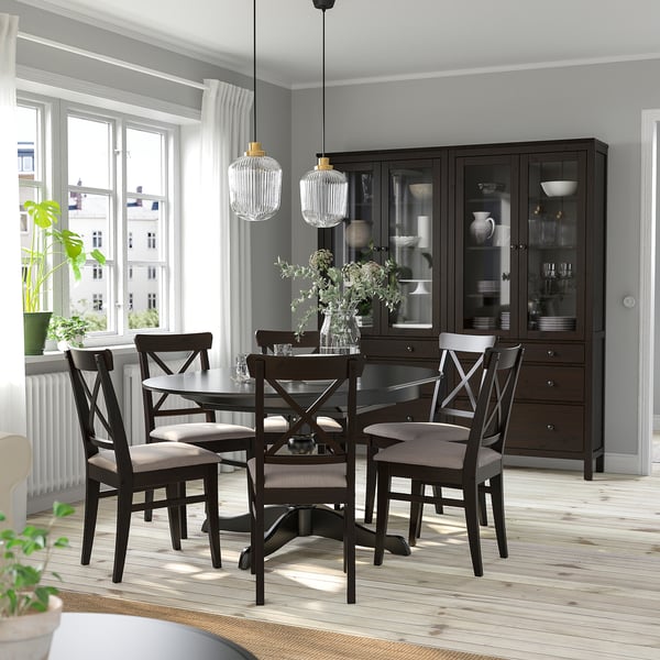 INGATORP brown dining set with gray chairs, pendant lamps, tall cabinet, large windows.