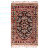 ISGRÄS rug, red, woven wool, rectangular, ornate floral pattern, fringed edges.