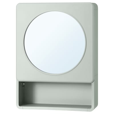 IVÖSJÖN light green bathroom cabinet, round mirror, open shelf, recycling content.
