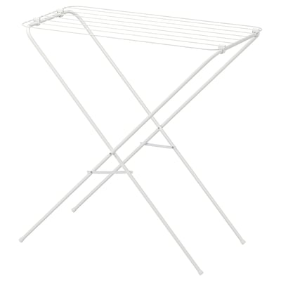 White foldable drying rack, minimalist design for indoor/outdoor use, gentle on clothes.