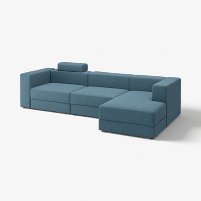 Blue modular sofa, modern design, soft fabric. Comfortable, versatile, with storage.
