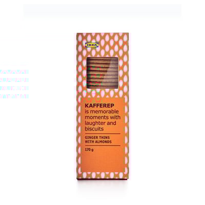 Orange box of ikea KAFFEREP ginger thins with almonds, 170g. Bright design with white teardrop patterns surrounding clear window showing cookies.