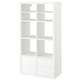 A white KALLAX bookshelf with open shelves and four drawers, designed for storage and organization.