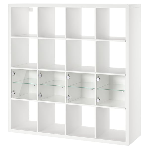 White KALLAX storage unit with glass doors, cubed design.