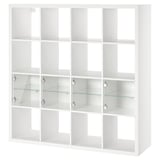 White KALLAX storage unit with glass doors, cubed design.