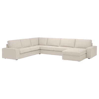 KIVIK beige sectional sofa with chaise, soft fabric, large cushions, low armrests.