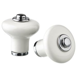 Porcelain knobs with chrome, top & side views, rounded grip.