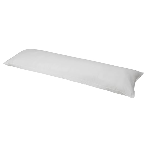 A KLOTULLÖRT body pillow, white, in a straight, elongated shape. Its covered in soft, brushed microfiber.