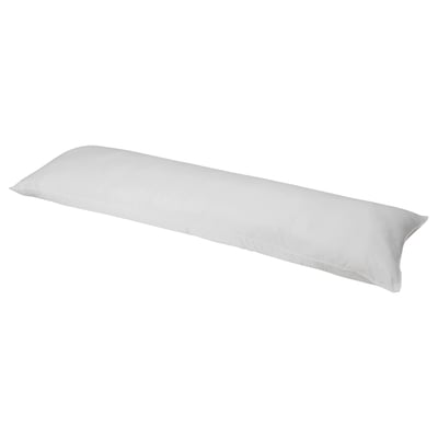 A KLOTULLÖRT body pillow, white, in a straight, elongated shape. Its covered in soft, brushed microfiber.