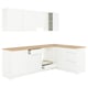 Option: Modern white l-shaped kitchen set with oak countertop, featuring drawers, cabinets, and adjustable shelves.