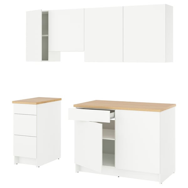 KNOXHULT white kitchen set: cabinets, drawers, wooden top. Modern, clean design. Store pots, pans, plates easily.