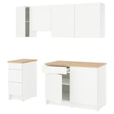 KNOXHULT white kitchen set: cabinets, drawers, wooden top. Modern, clean design. Store pots, pans, plates easily.