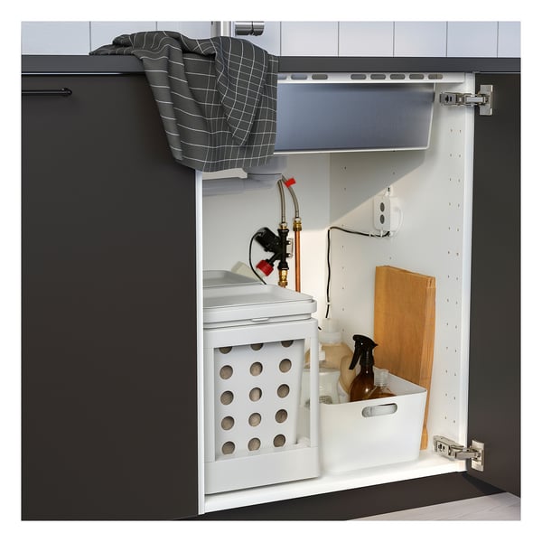 Under-sink dishwasher unit with remote control, alarm sensor, and storage basket.