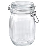 A clear KÖSSEBÄR glass jar with a ribbed design and an airtight silver metal lid.