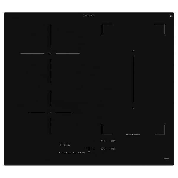 Black induction cooktop with five heating zones, touch controls, and bridge function.