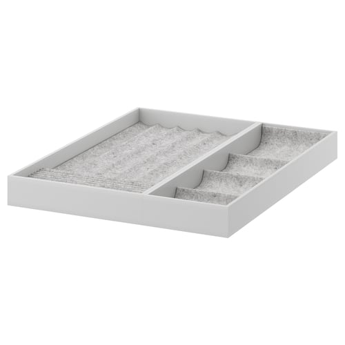 KOMPLEMENT white organiser tray, rectangular, felt-lined compartments for accessories, grey.