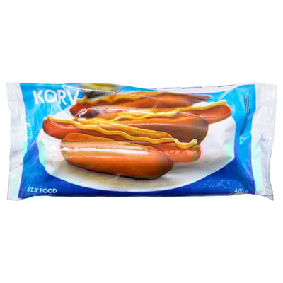 Image shows a packaged food item named KORV, featuring grilled sausages with mustard on a blue wrapper.
