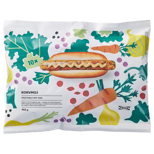 A package of ikeas KORVMOJ vegetable hot dog, featuring a cartoon a hot dog and vegetables, weighing 460g.