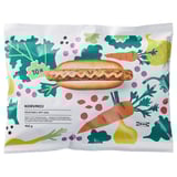A package of ikeas KORVMOJ vegetable hot dog, featuring a cartoon a hot dog and vegetables, weighing 460g.