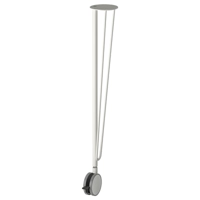 A single, slender KRILLE table leg in white with a black wheel at the bottom. Its designed for easy movement and stability with a locking mechanism.
