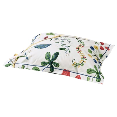 KRONBUSKE pillowcase, white with green, blue, red floral leaves. Square shape, nature-inspired pattern.