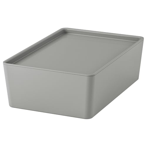 A KUGGIS storage box in grey. Its rectangular, made from recycled pet plastic, and designed for organising desk accessories or media gadgets.