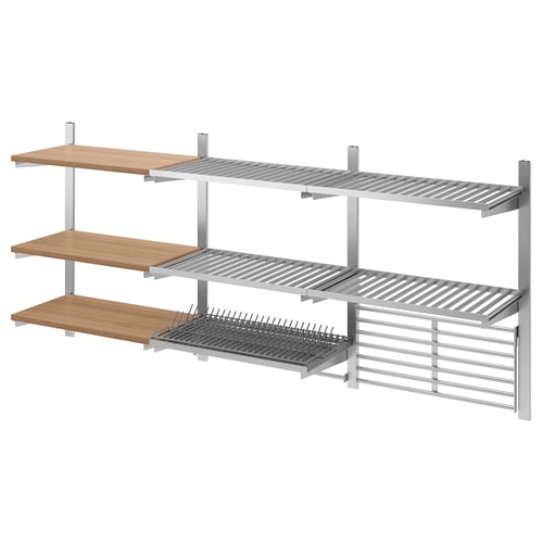 KUNGSFORS: stainless-steel kitchen shelving unit with wooden shelves and a dish drainer, wall-mounted.