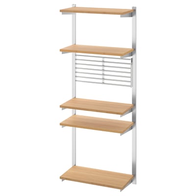KUNGSFORS wall storage, bamboo shelves, stainless steel brackets.