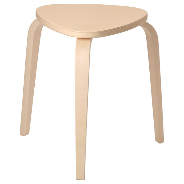 A KYRRE stool, light brown, with a triangular seat and three angled legs, made from plywood and veneer.