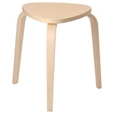 A KYRRE stool, light brown, with a triangular seat and three angled legs, made from plywood and veneer.