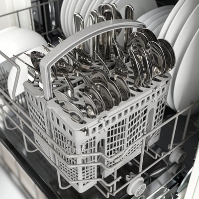 Dishwashers cutlery tray holds spoons, forks, and knives, ensuring clean utensils.