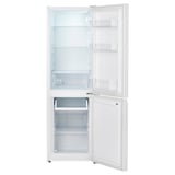 Image shows open white fridge freezer with adjustable shelves and led light.