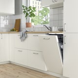 Modern white kitchen with integrated dishwasher open, next to potted plant and window.