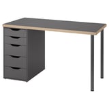 An ikea LAGKAPTEN desk in gray with four drawers. It has a rectangular top, metallic legs, and wooden handles.