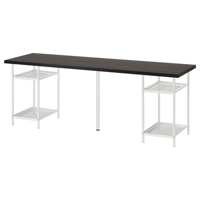 Black LAGKAPTEN desk with rectangular top, two shelves, metal frames, adjustable feet, cable net.