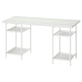 White metal desk with colorful tabletop and shelves.