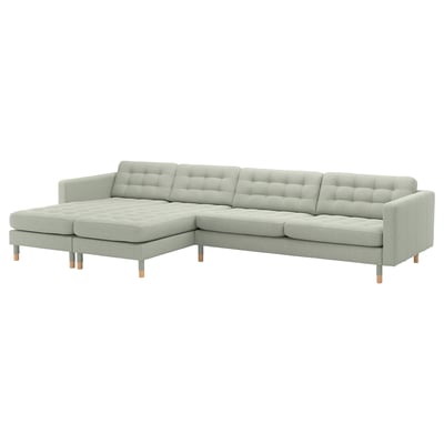 Light gray recycled polyester l-shaped sofa with wooden legs, plush cushions, and modern design.