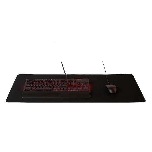 Black gaming mouse pad with red lights, accommodating a keyboard and mouse.