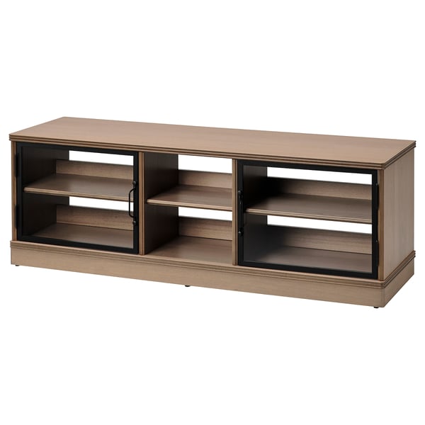 A beige LANESUND tv bench with wooden shelves and glass doors. It has a rectangular shape and modern design.