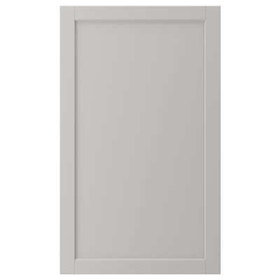 A LERHYTTAN grey kitchen cabinet door with a wooden frame and beveled edges.