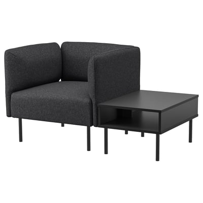 Black LILLEHEM sofa with side table, upholstered fabric, metal legs, modern design.