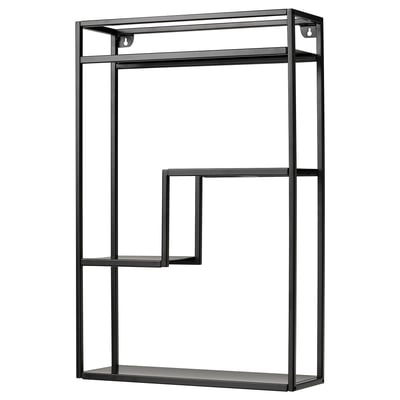 LINDÅSEN black wall shelf, sleek metal design with three open sections, ideal for displaying decor or items.